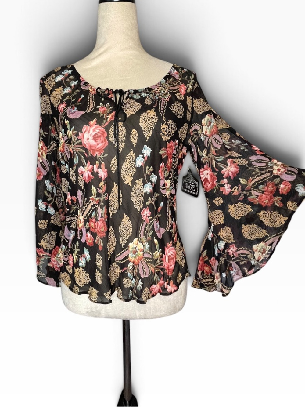 ANGIE Black Multi Floral Boho Blouse M Tie Neck Bell Sleeve Y2K 90’s